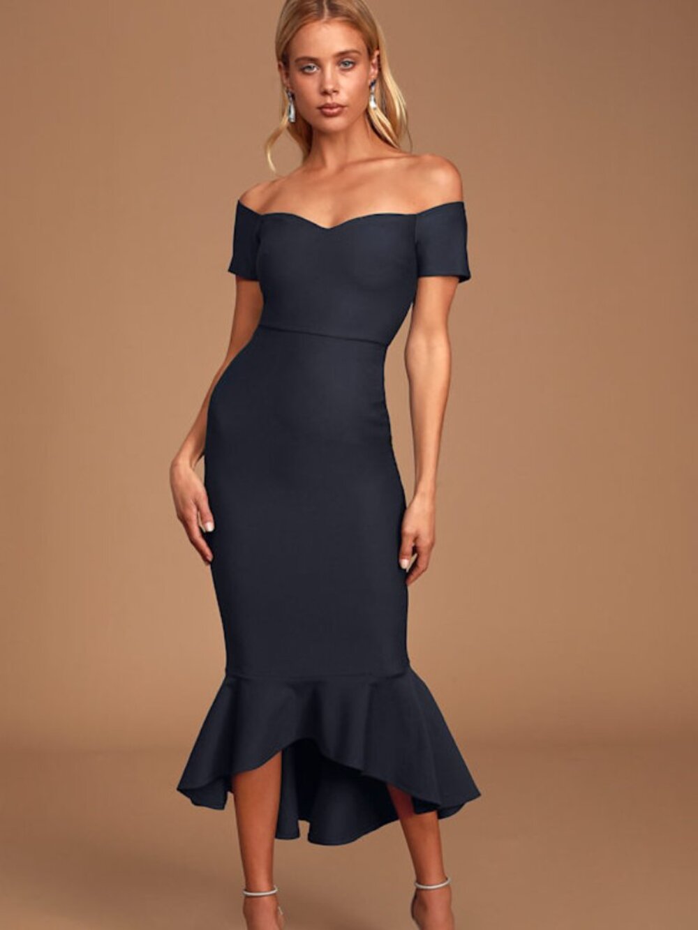 Lulus How Much I Care Midnight Blue Off-the-shoulder Midi Dress - Size M